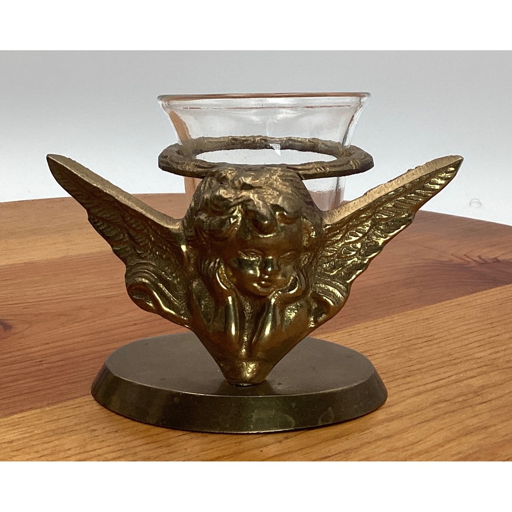 Vintage India Exotics Brass Cherub Angel Votive Candle Holder with Glass Cup